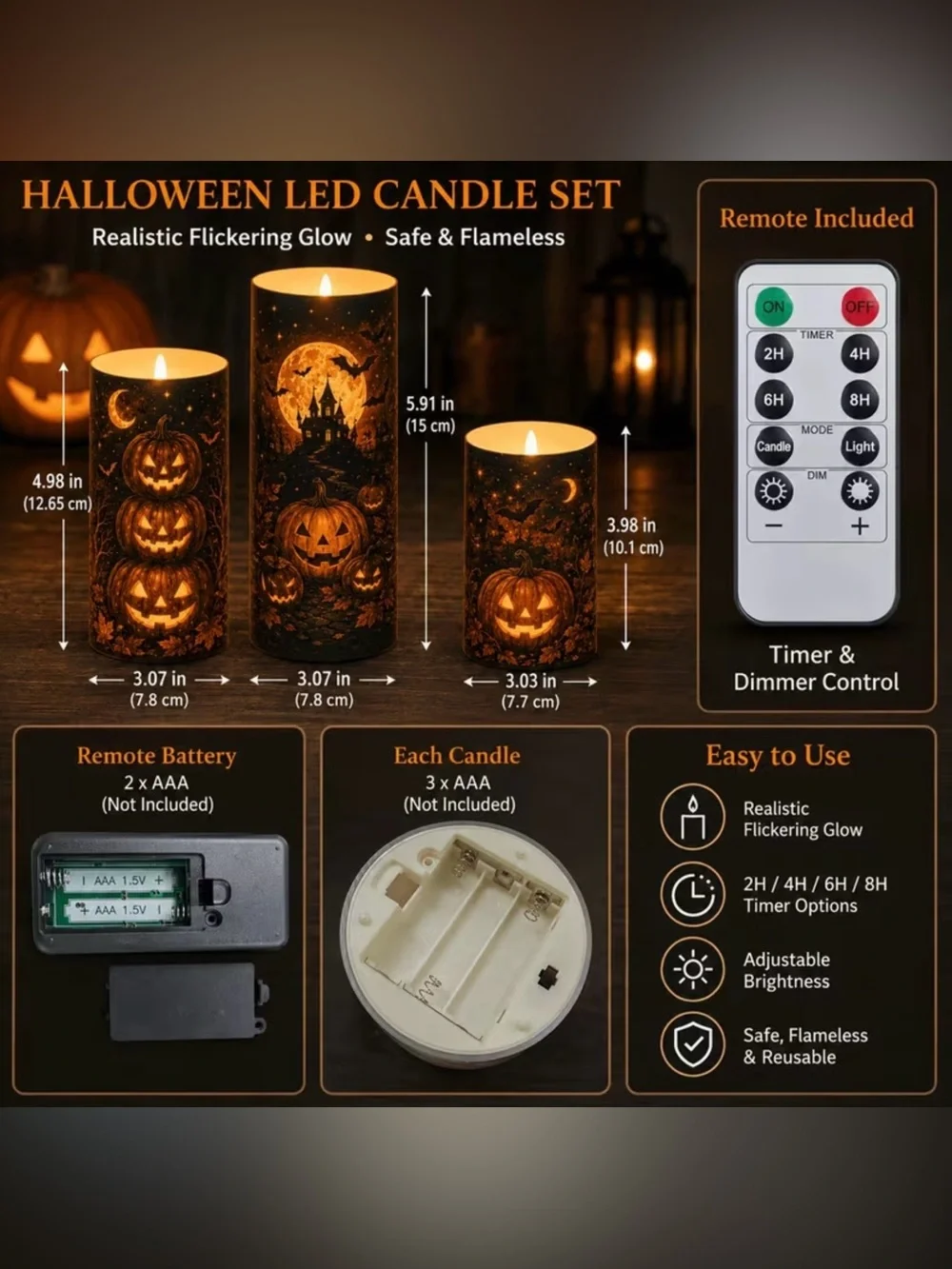 New Halloween LED Pillar Candle Set - Orange Pumpkin Design
